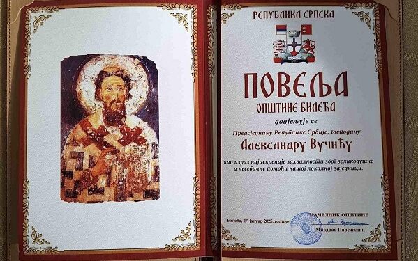 Predsedniku Srbije Aleksandru Vučiću najviše priznanje Opštine Bileća