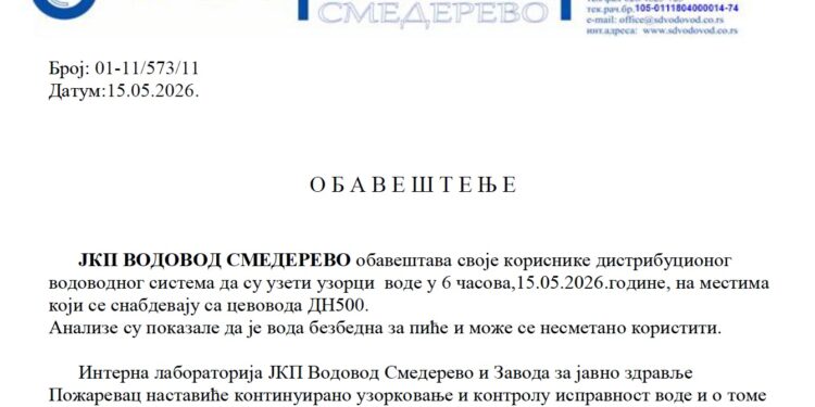 JKP Vodovod Smederevo: Merenje kvaliteta vode na dan 15. maj