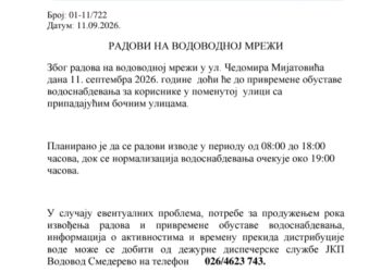 JKP Vodovod Smederevo: Radovi na dan 11. septembar